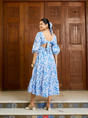 Women Blue & White Floral Back Tie Knot Midi Dress