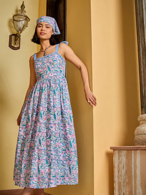Blue Paisley Strappy Tie-up Midi Dress-Pink Paprika By SASSAFRAS
