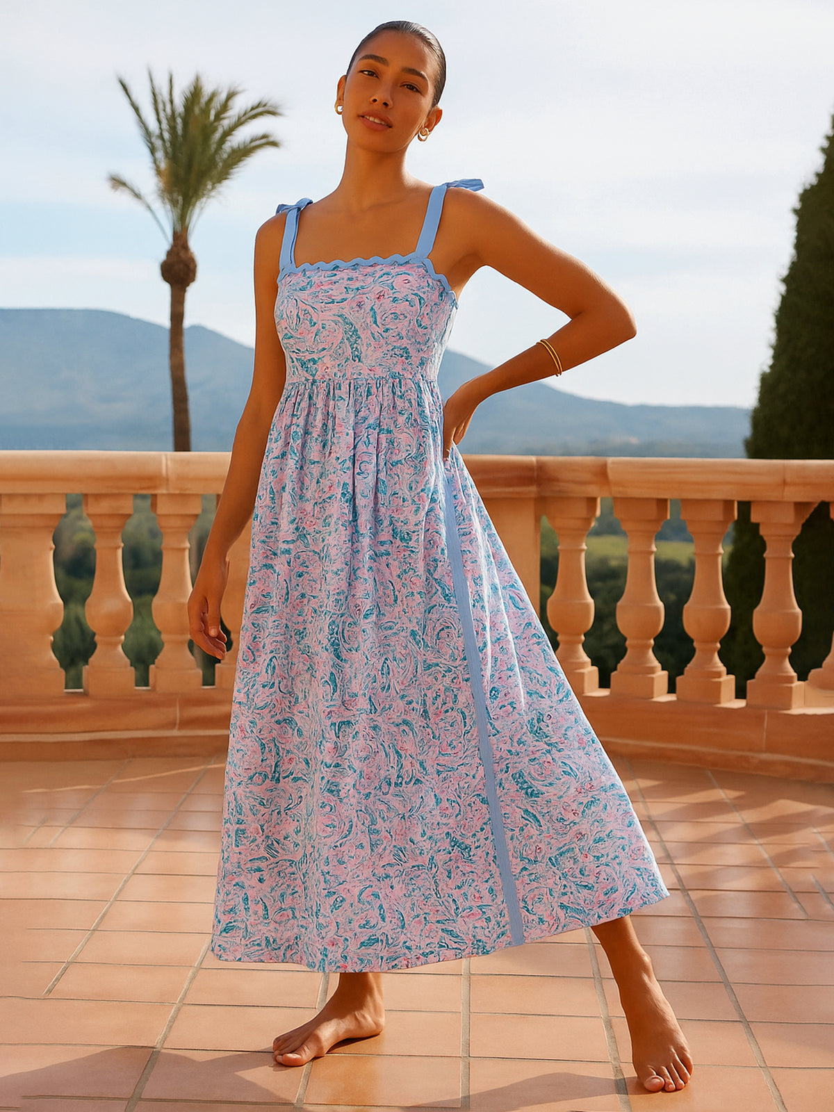 Women Blue Paisley Strappy Tie-up Midi Dress