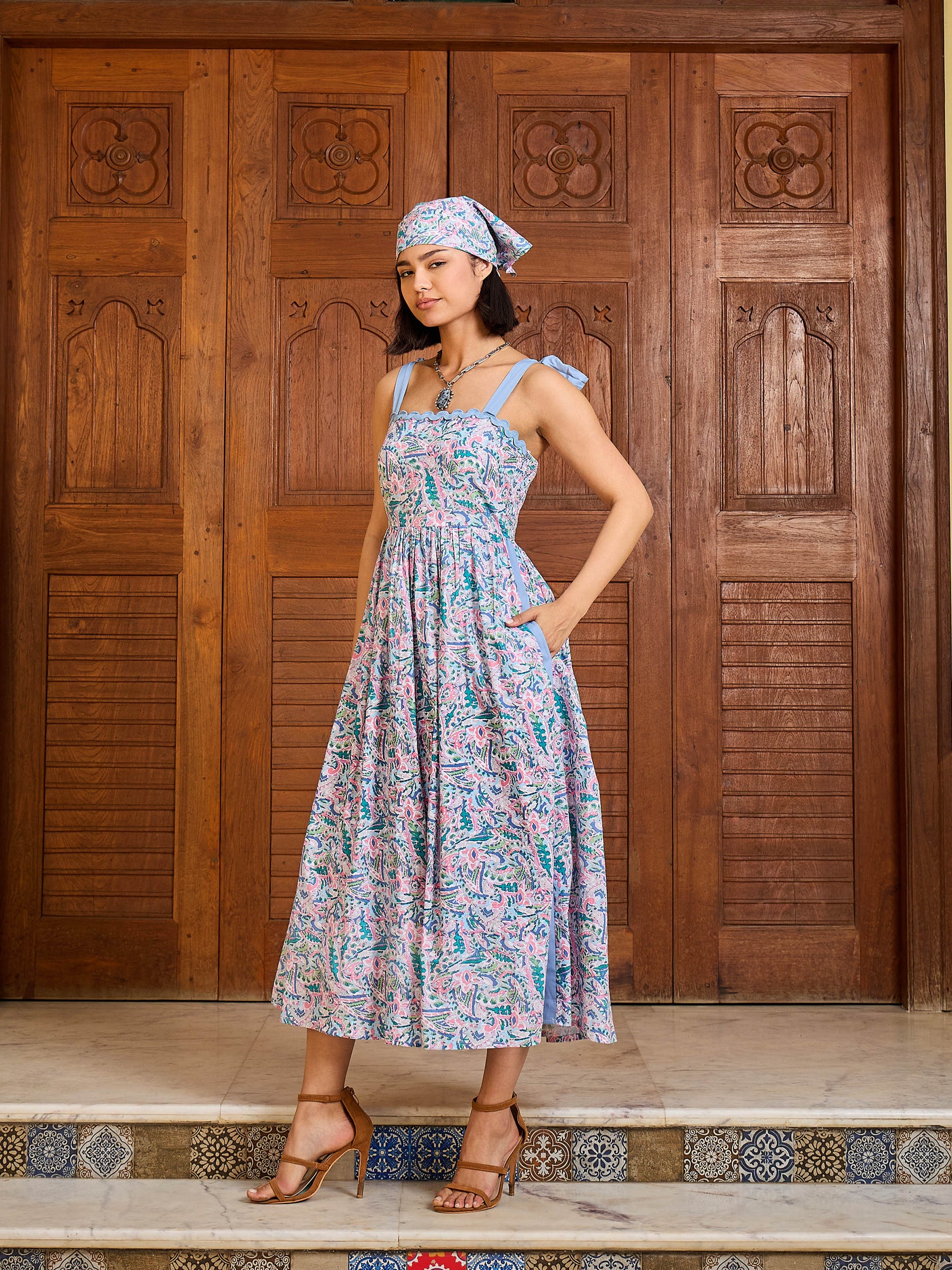 Blue Paisley Strappy Tie-up Midi Dress-Pink Paprika By SASSAFRAS