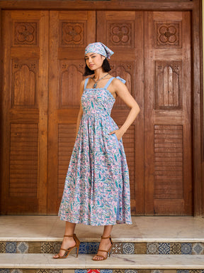 Blue Paisley Strappy Tie-up Midi Dress-Pink Paprika By SASSAFRAS