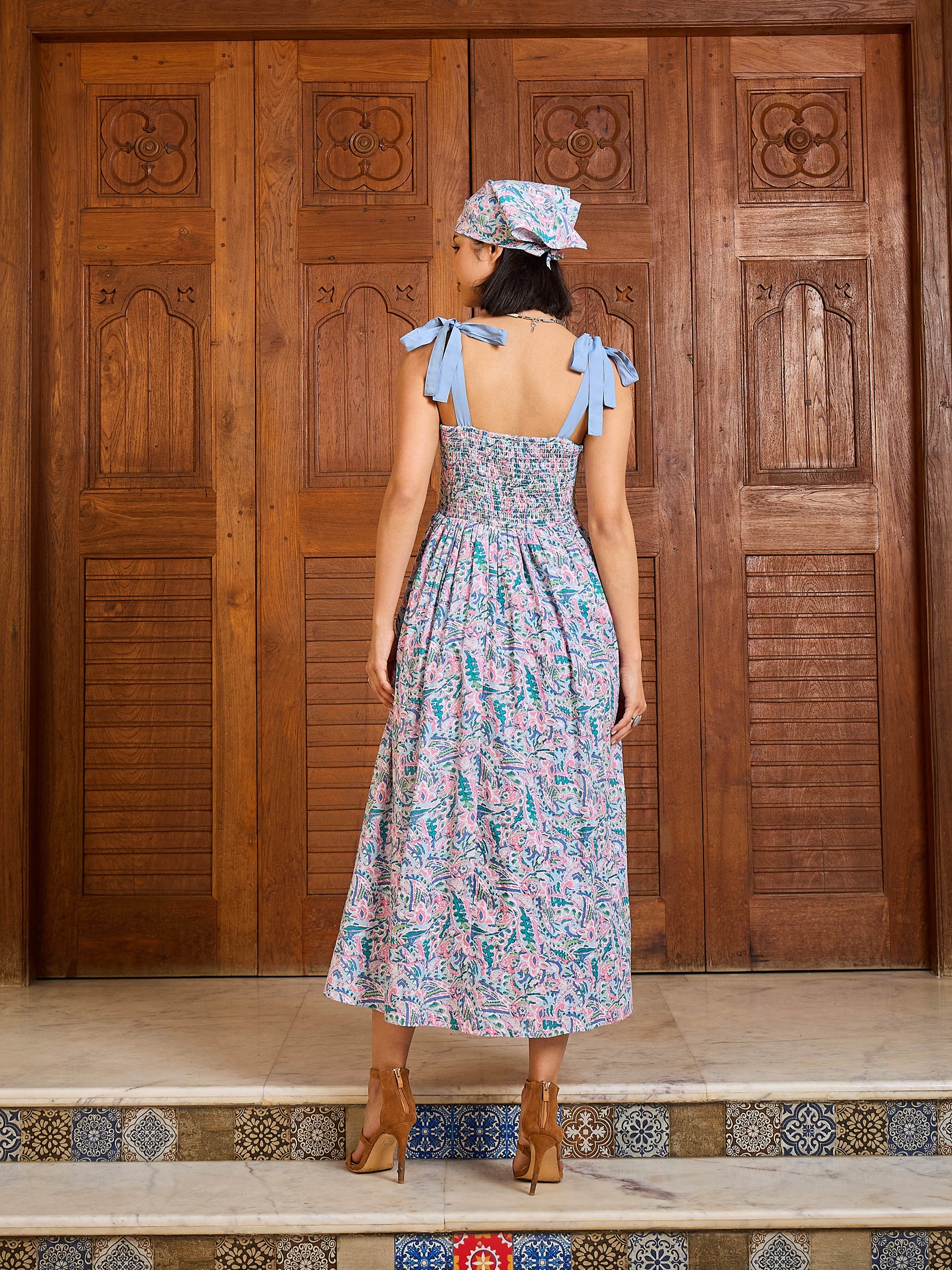Blue Paisley Strappy Tie-up Midi Dress-Pink Paprika By SASSAFRAS