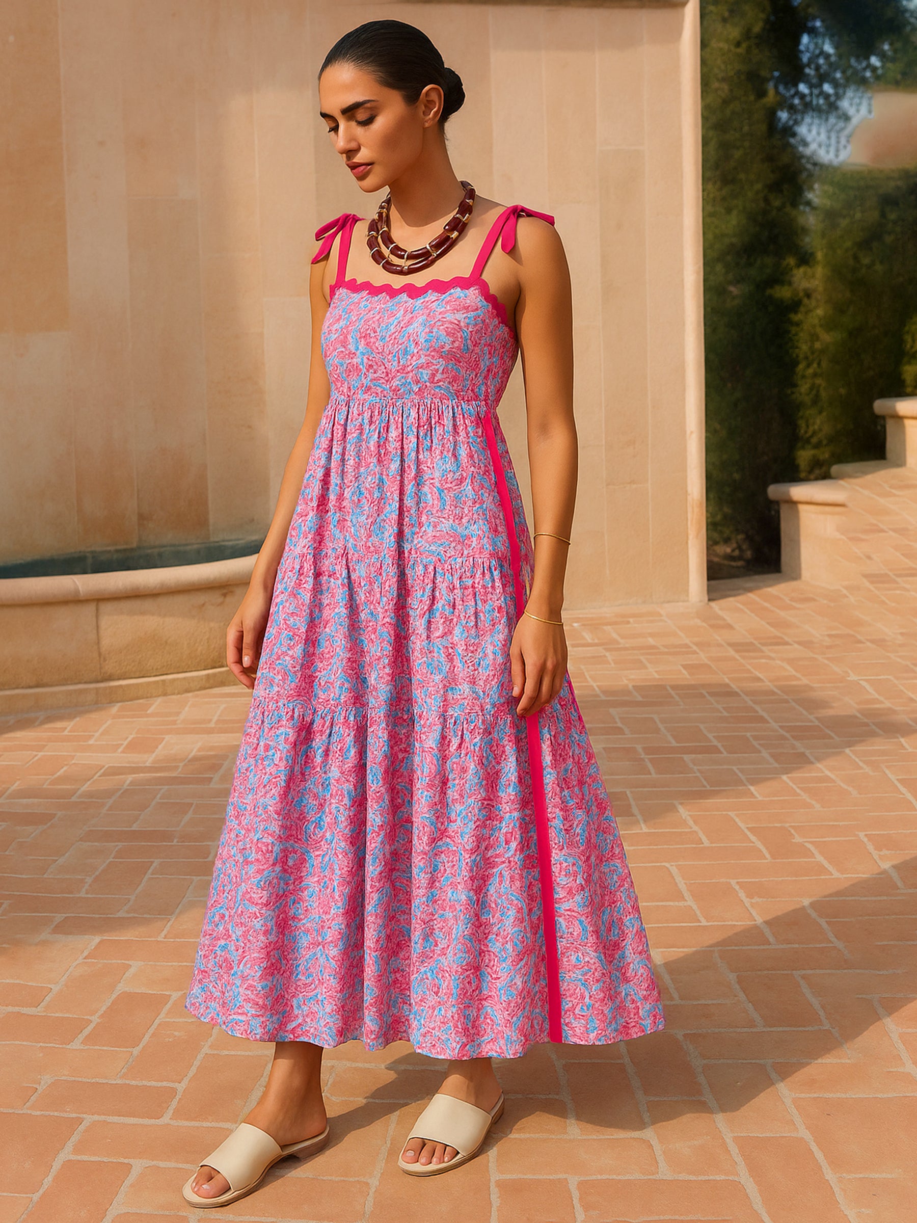 Women Pink Paisley Strappy Tie-up Midi Dress