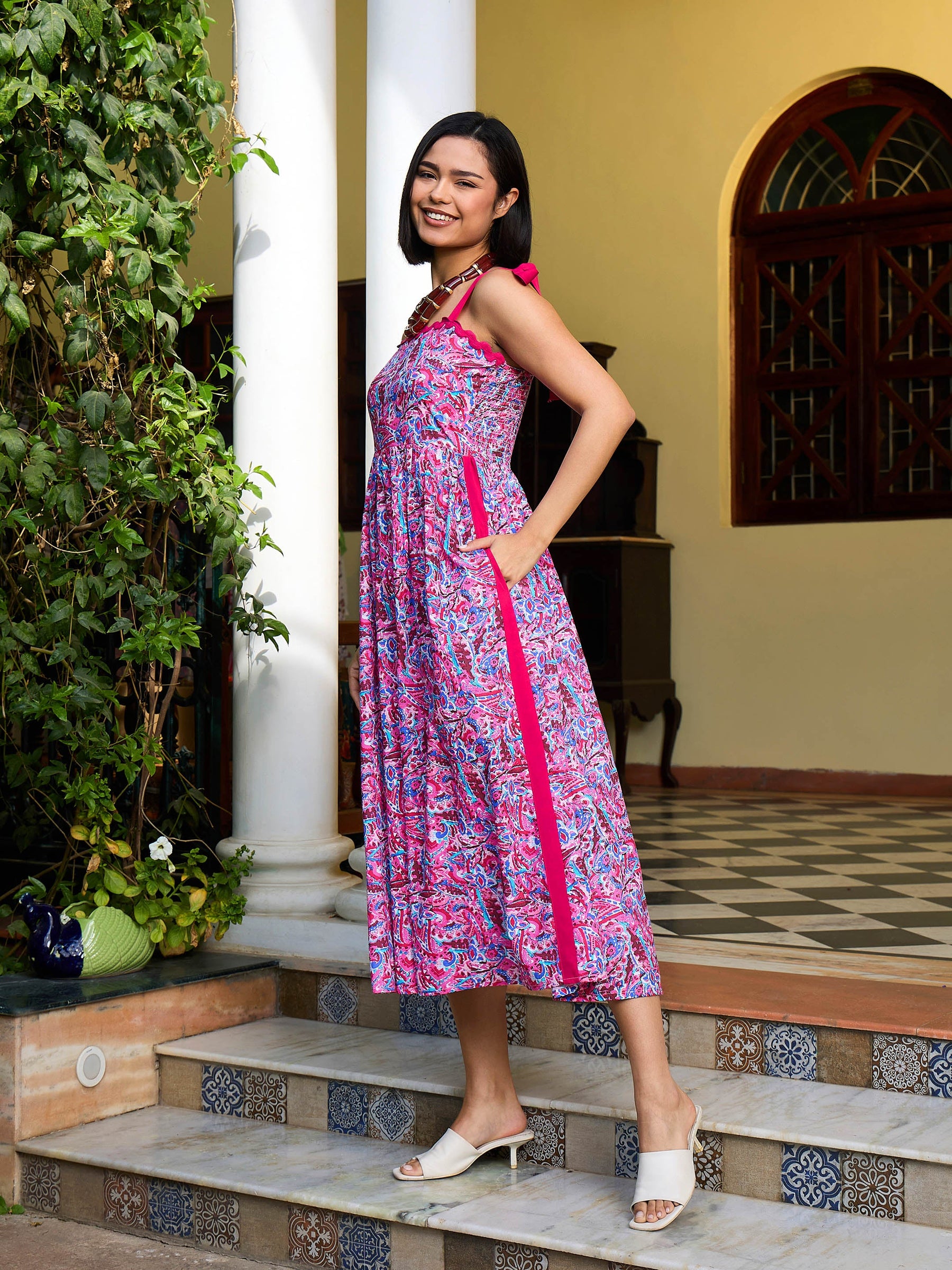 Pink Paisley Strappy Tie-up Midi Dress-Pink Paprika By SASSAFRAS