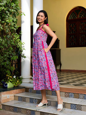 Pink Paisley Strappy Tie-up Midi Dress-Pink Paprika By SASSAFRAS