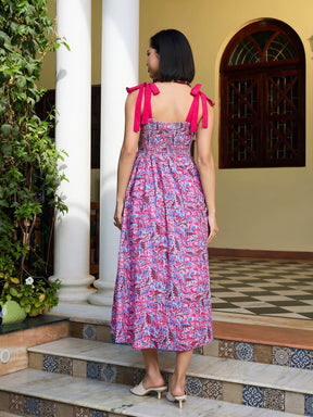 Pink Paisley Strappy Tie-up Midi Dress-Pink Paprika By SASSAFRAS