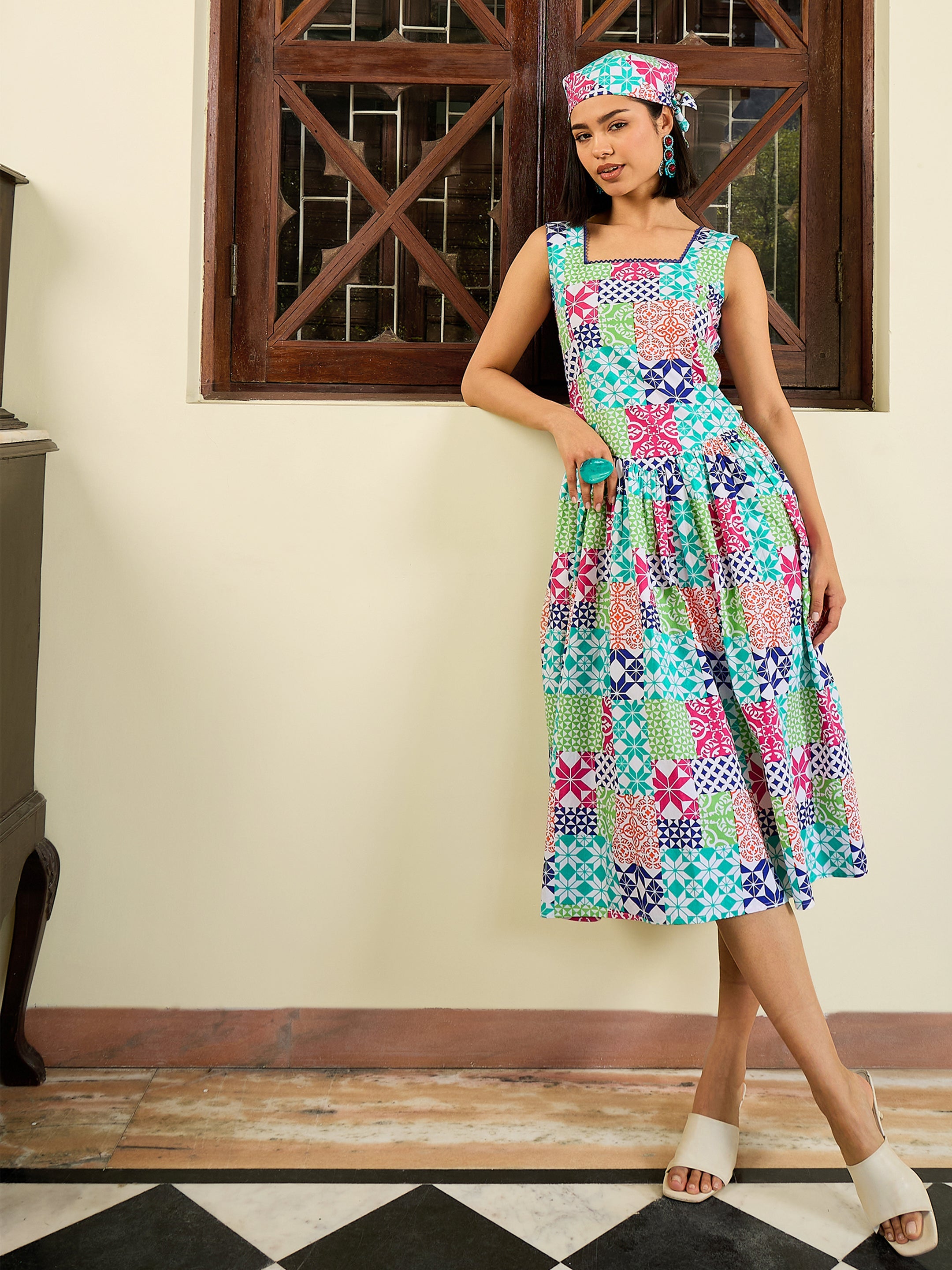 White Multi Geometric Drop Waist Midi Dress-Pink Paprika By SASSAFRAS