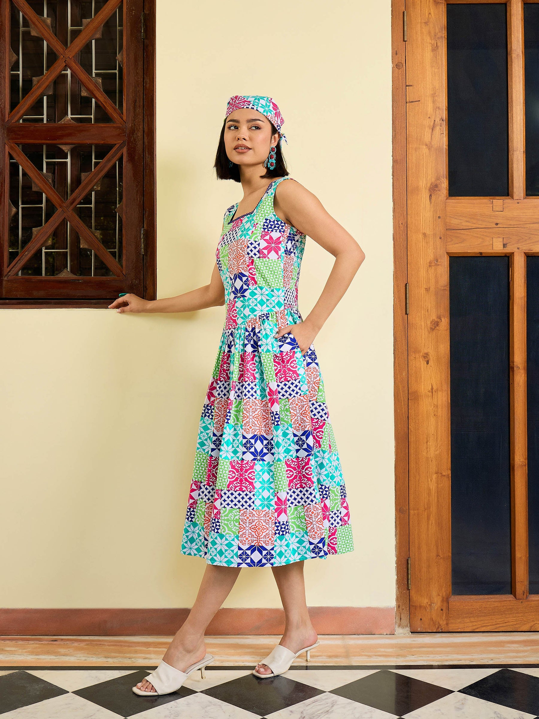 White Multi Geometric Drop Waist Midi Dress-Pink Paprika By SASSAFRAS
