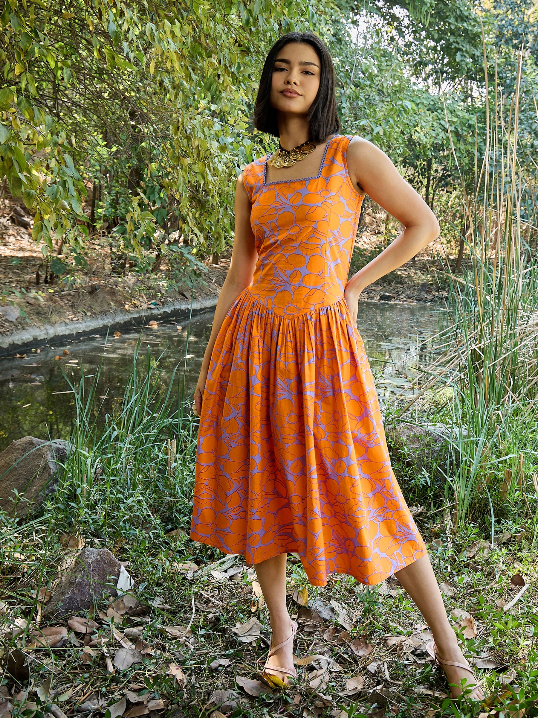 Grey & Orange Floral Drop Waist Midi Dress-Pink Paprika By SASSAFRAS