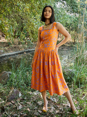 Grey & Orange Floral Drop Waist Midi Dress-Pink Paprika By SASSAFRAS