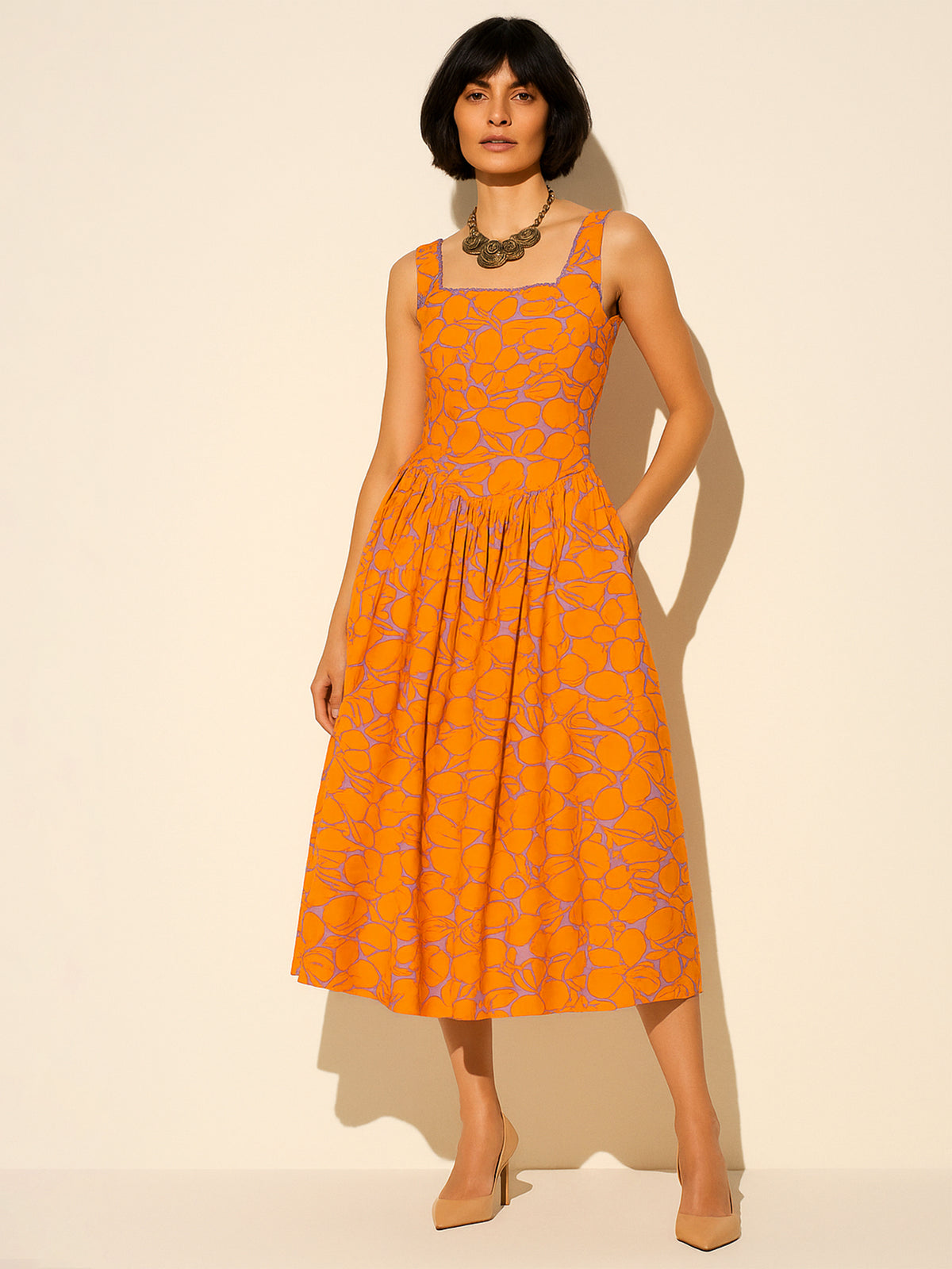 Women Grey & Orange Floral Drop Waist Midi Dress