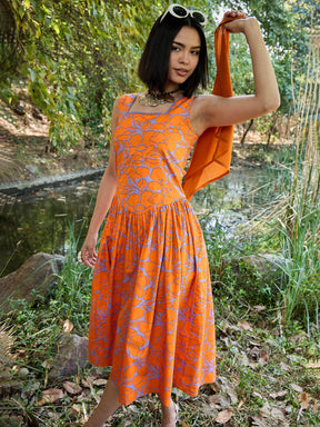 Grey & Orange Floral Drop Waist Midi Dress-Pink Paprika By SASSAFRAS
