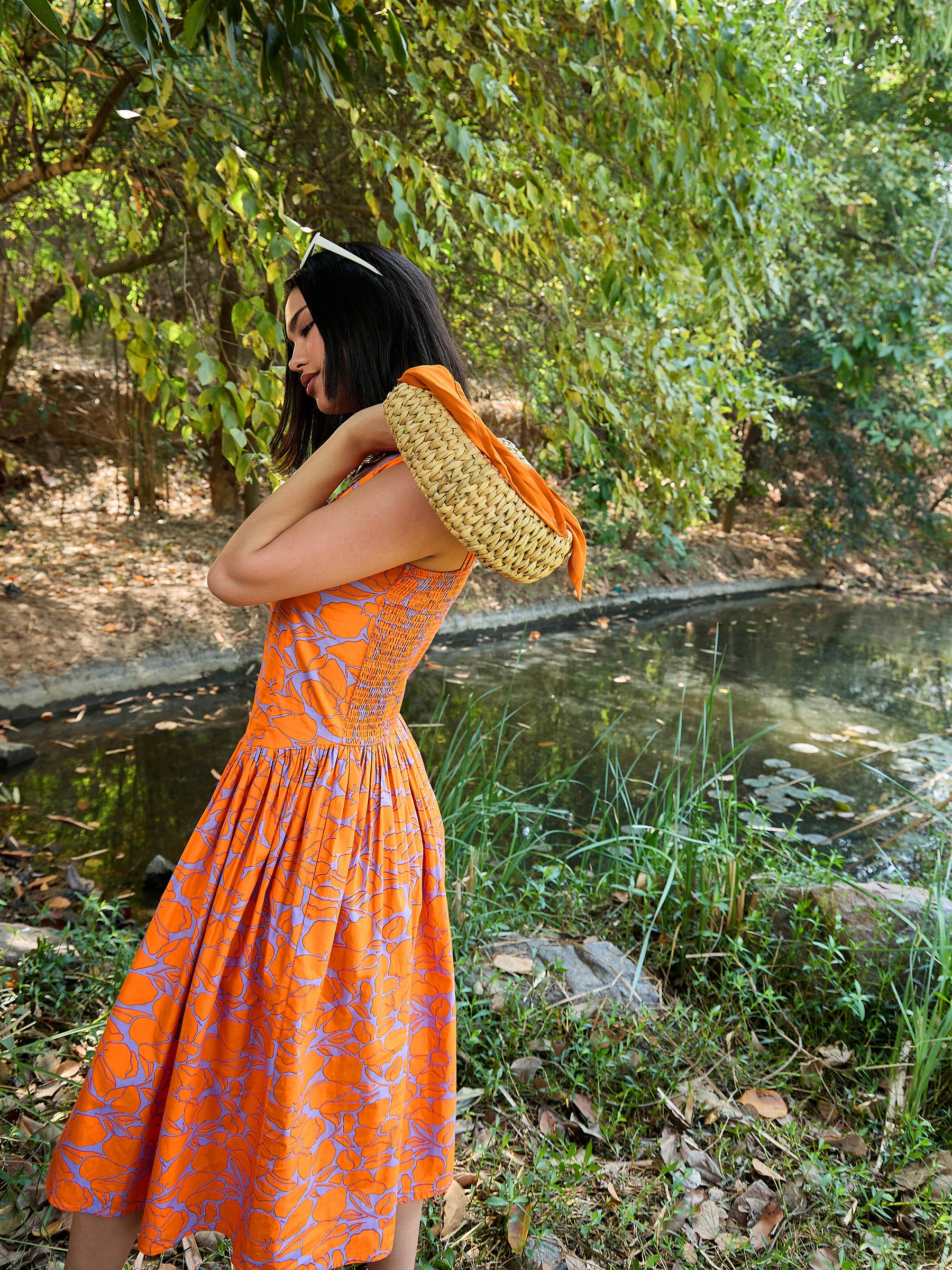 Grey & Orange Floral Drop Waist Midi Dress-Pink Paprika By SASSAFRAS