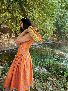 Grey & Orange Floral Drop Waist Midi Dress-Pink Paprika By SASSAFRAS