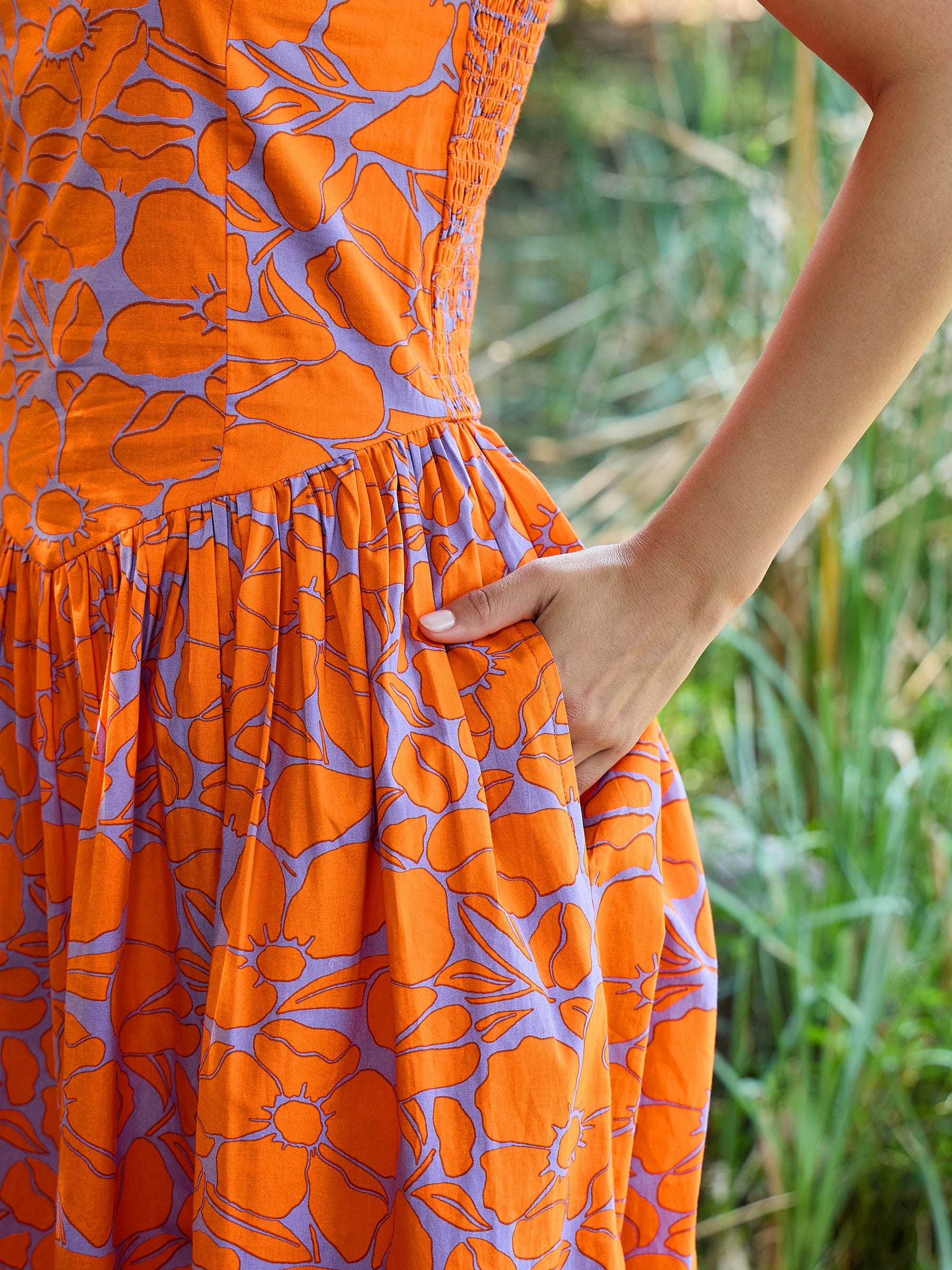 Grey & Orange Floral Drop Waist Midi Dress-Pink Paprika By SASSAFRAS