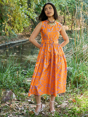 Grey & Orange Floral Tiered Midi Dress-Pink Paprika By SASSAFRAS