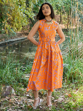 Grey & Orange Floral Tiered Midi Dress-Pink Paprika By SASSAFRAS