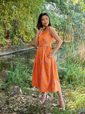 Grey & Orange Floral Tiered Midi Dress-Pink Paprika By SASSAFRAS
