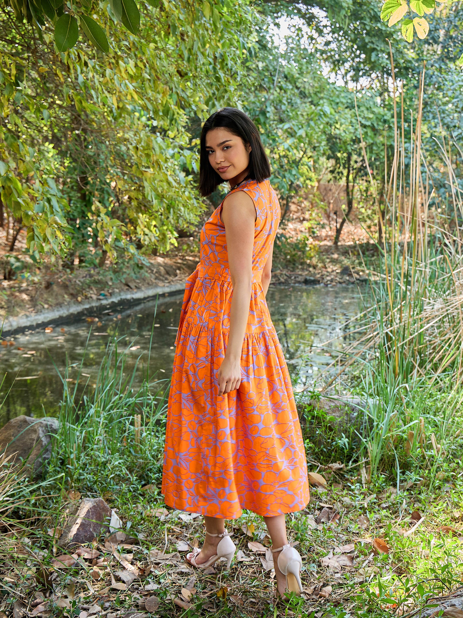 Grey & Orange Floral Tiered Midi Dress-Pink Paprika By SASSAFRAS