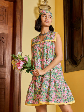 Green Floral V-Neck Button Down Short Dress-Pink Paprika By SASSAFRAS