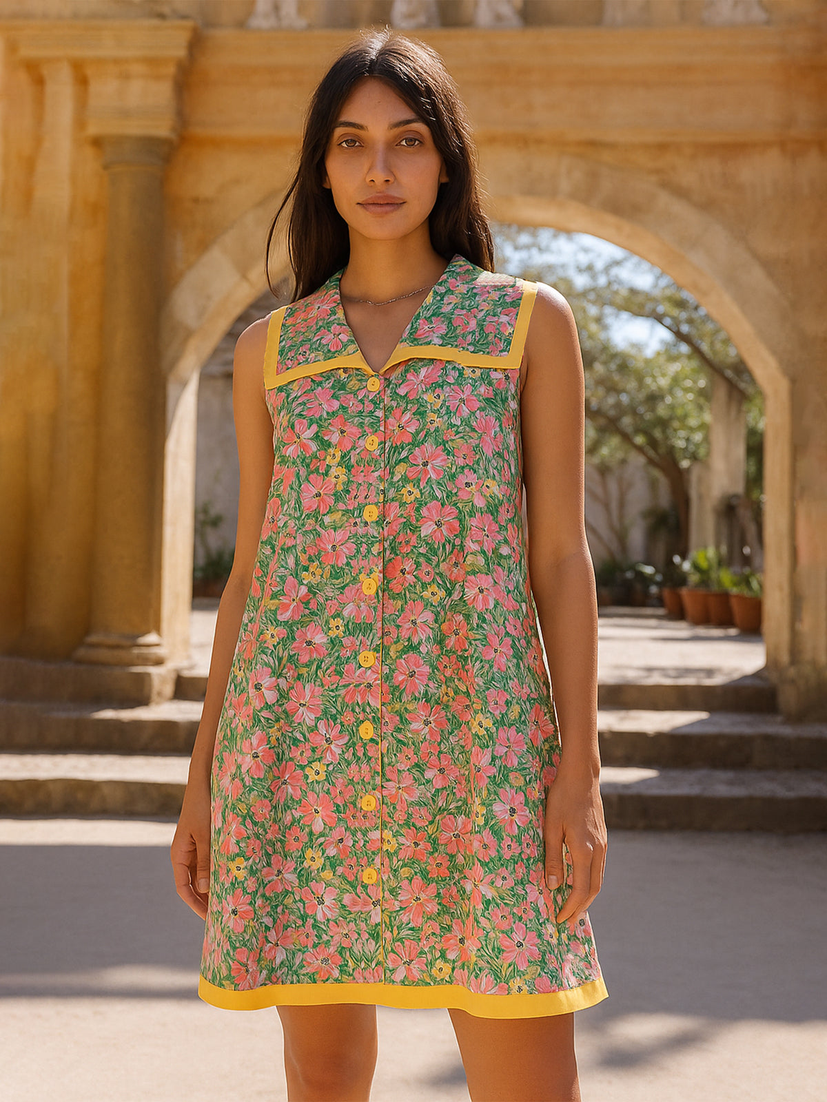 Women Green Floral V-Neck Button Down Short Dress