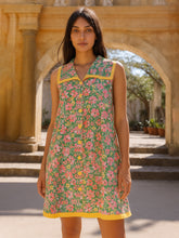 Women Green Floral V-Neck Button Down Short Dress