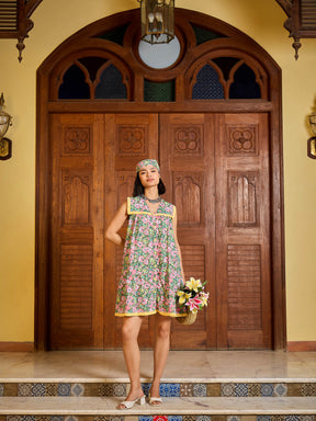 Green Floral V-Neck Button Down Short Dress-Pink Paprika By SASSAFRAS