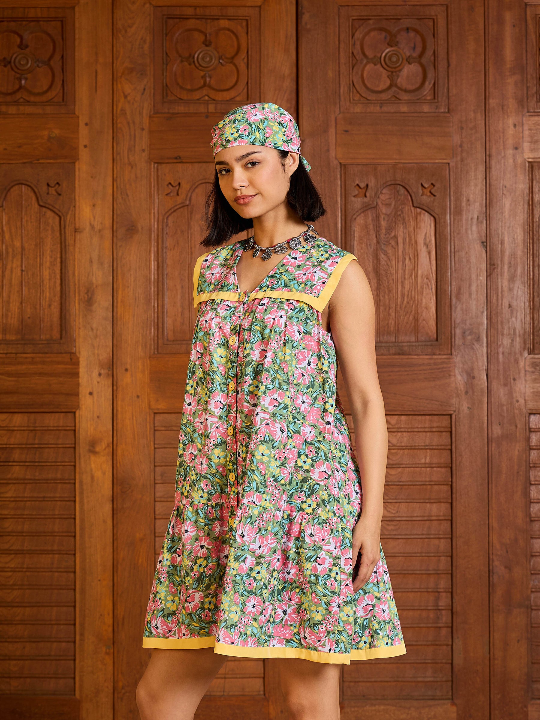 Green Floral V-Neck Button Down Short Dress-Pink Paprika By SASSAFRAS