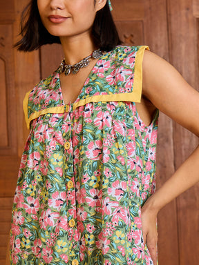 Green Floral V-Neck Button Down Short Dress-Pink Paprika By SASSAFRAS