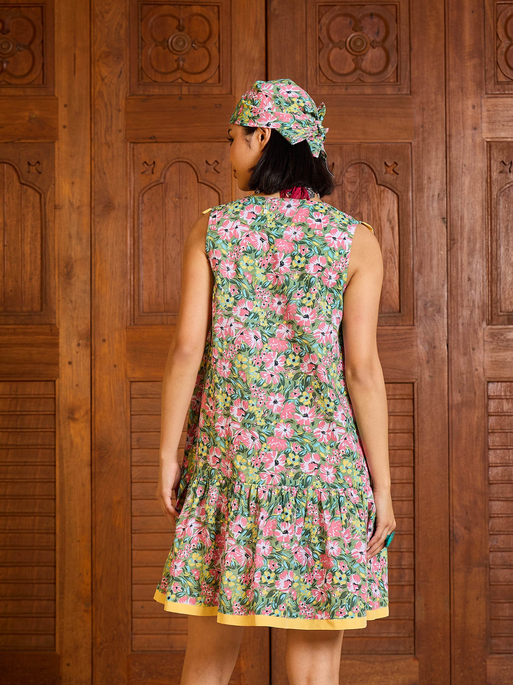 Green Floral V-Neck Button Down Short Dress-Pink Paprika By SASSAFRAS