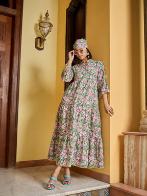 Green Floral Button Down Tiered Maxi Dress-Pink Paprika By SASSAFRAS