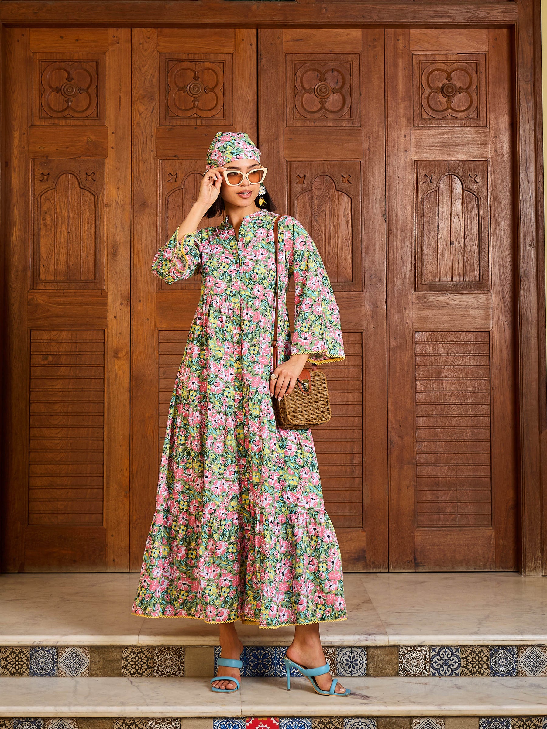Green Floral Button Down Tiered Maxi Dress-Pink Paprika By SASSAFRAS