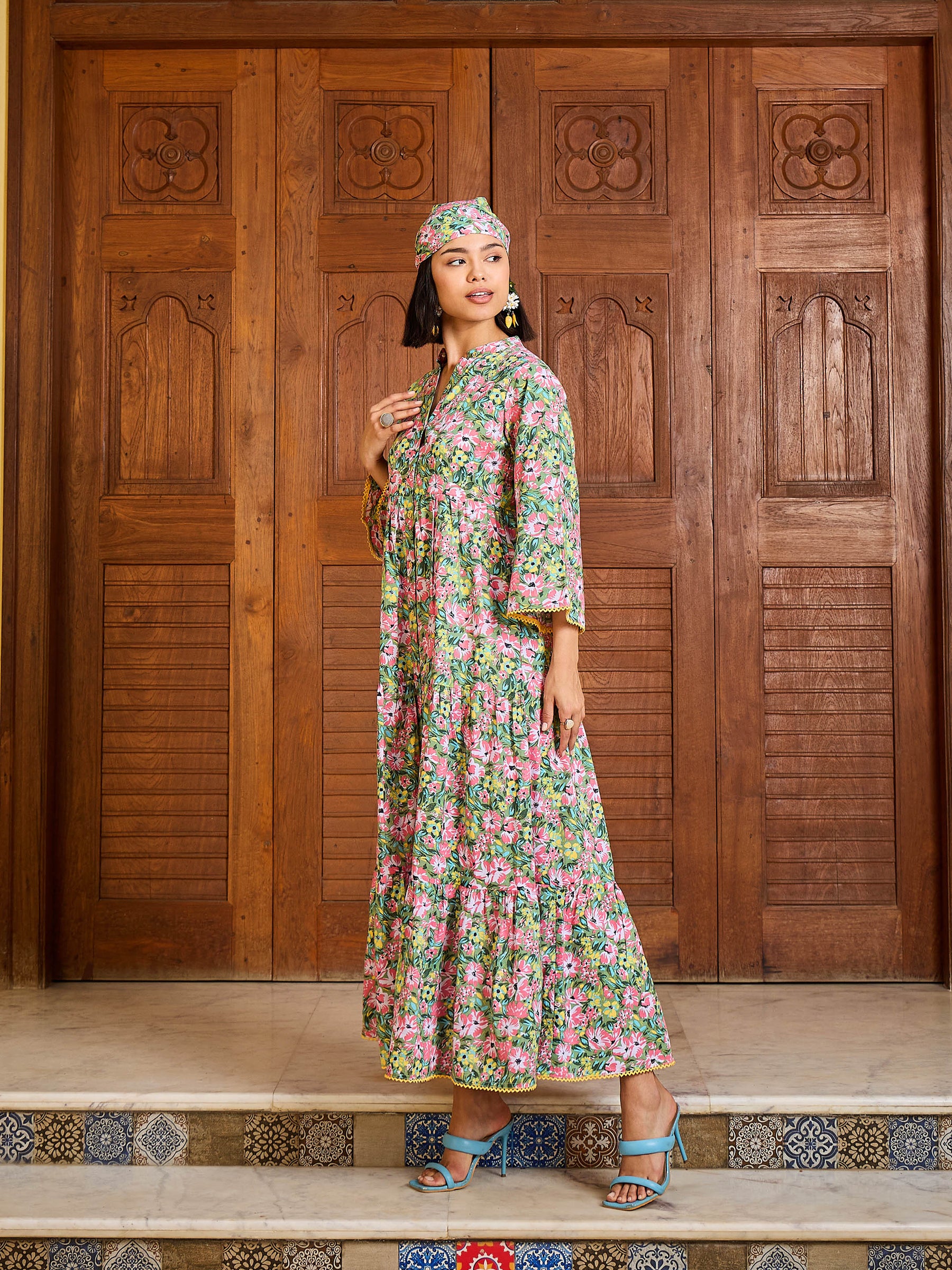 Green Floral Button Down Tiered Maxi Dress-Pink Paprika By SASSAFRAS