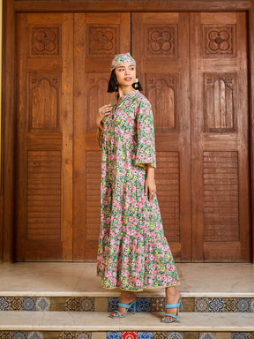 Green Floral Button Down Tiered Maxi Dress-Pink Paprika By SASSAFRAS