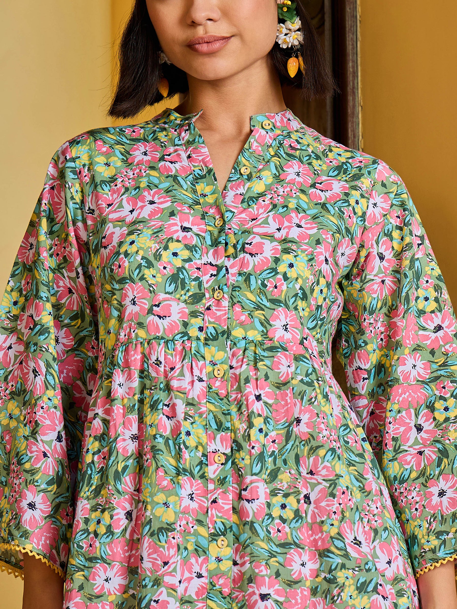 Green Floral Button Down Tiered Maxi Dress-Pink Paprika By SASSAFRAS