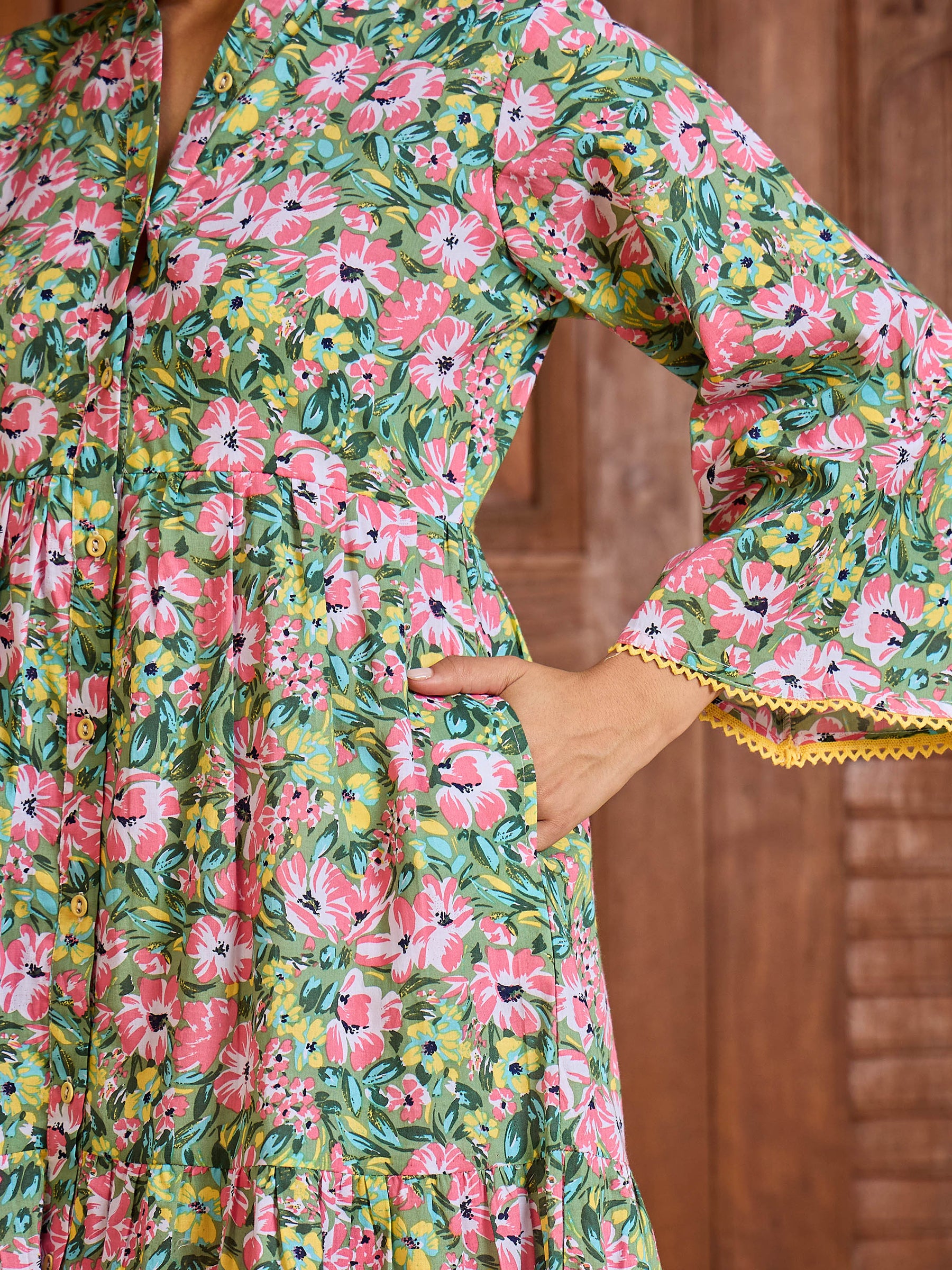 Green Floral Button Down Tiered Maxi Dress-Pink Paprika By SASSAFRAS