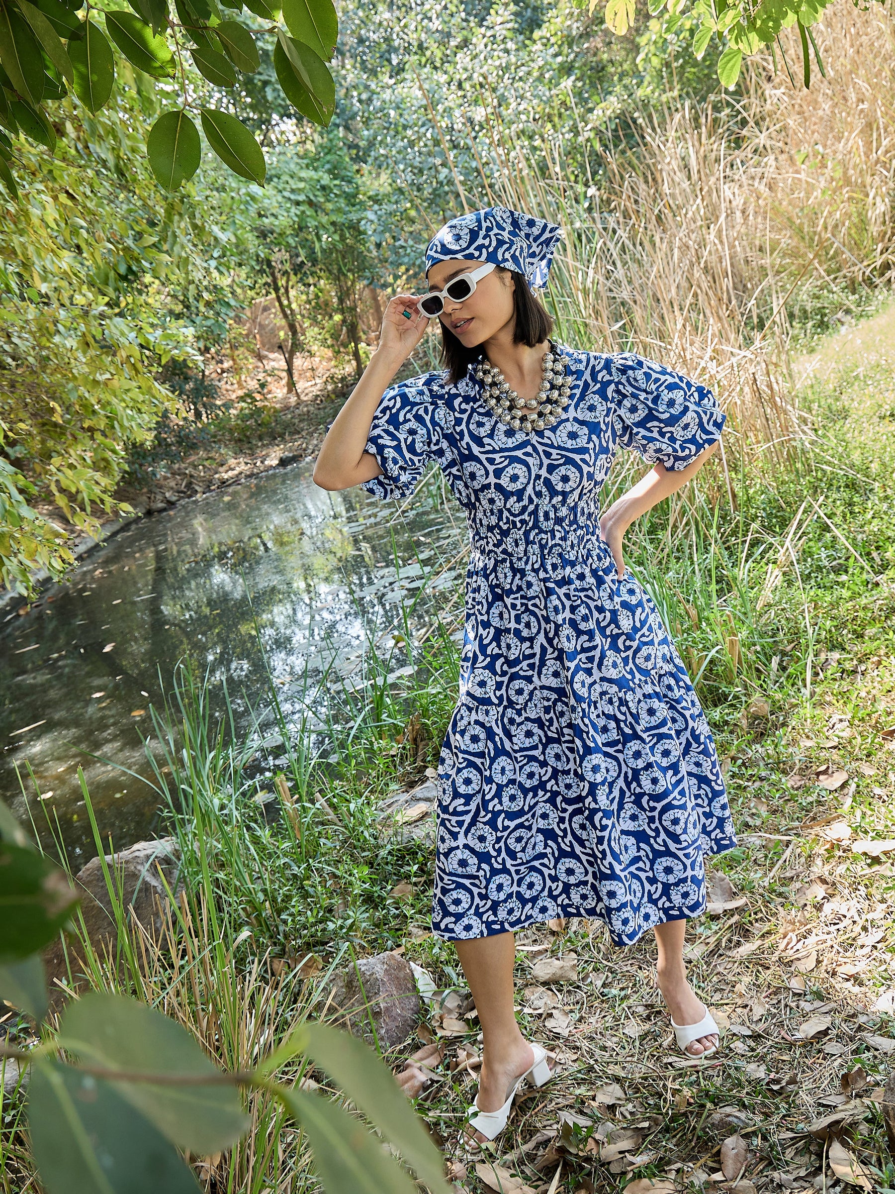 Blue & White V-Neck Puff Sleeves Midi Dress-Pink Paprika By SASSAFRAS