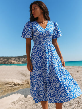 Buy Blue White V-Neck Puff Sleeves Midi Dress Online At Best