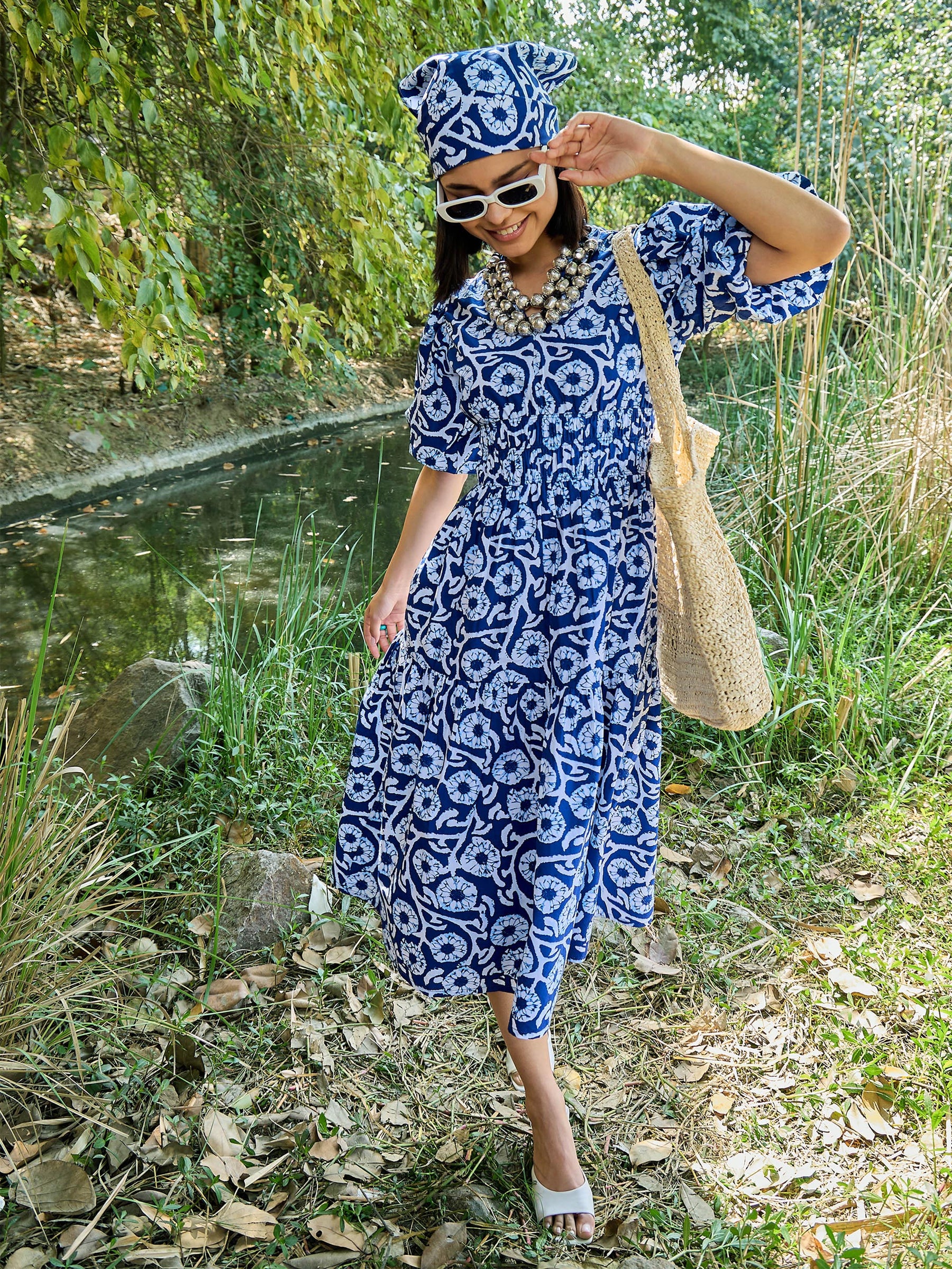 Blue & White V-Neck Puff Sleeves Midi Dress-Pink Paprika By SASSAFRAS