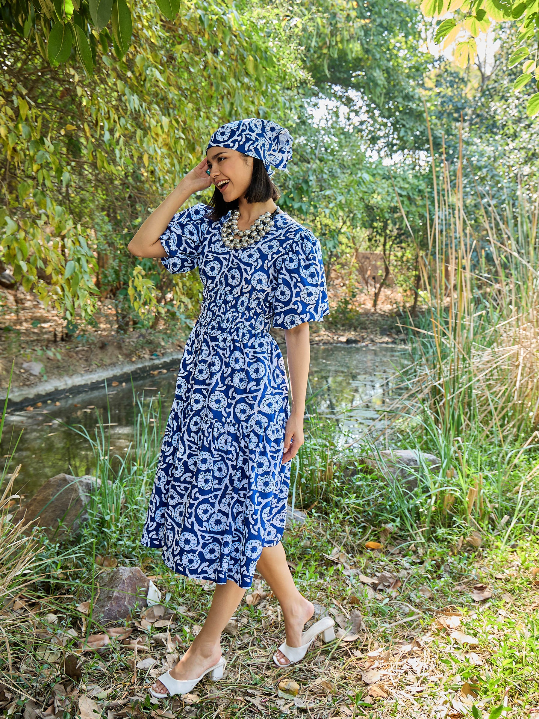 Blue & White V-Neck Puff Sleeves Midi Dress-Pink Paprika By SASSAFRAS