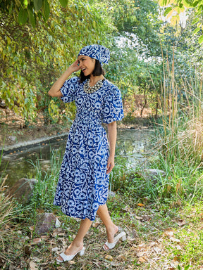 Blue & White V-Neck Puff Sleeves Midi Dress-Pink Paprika By SASSAFRAS