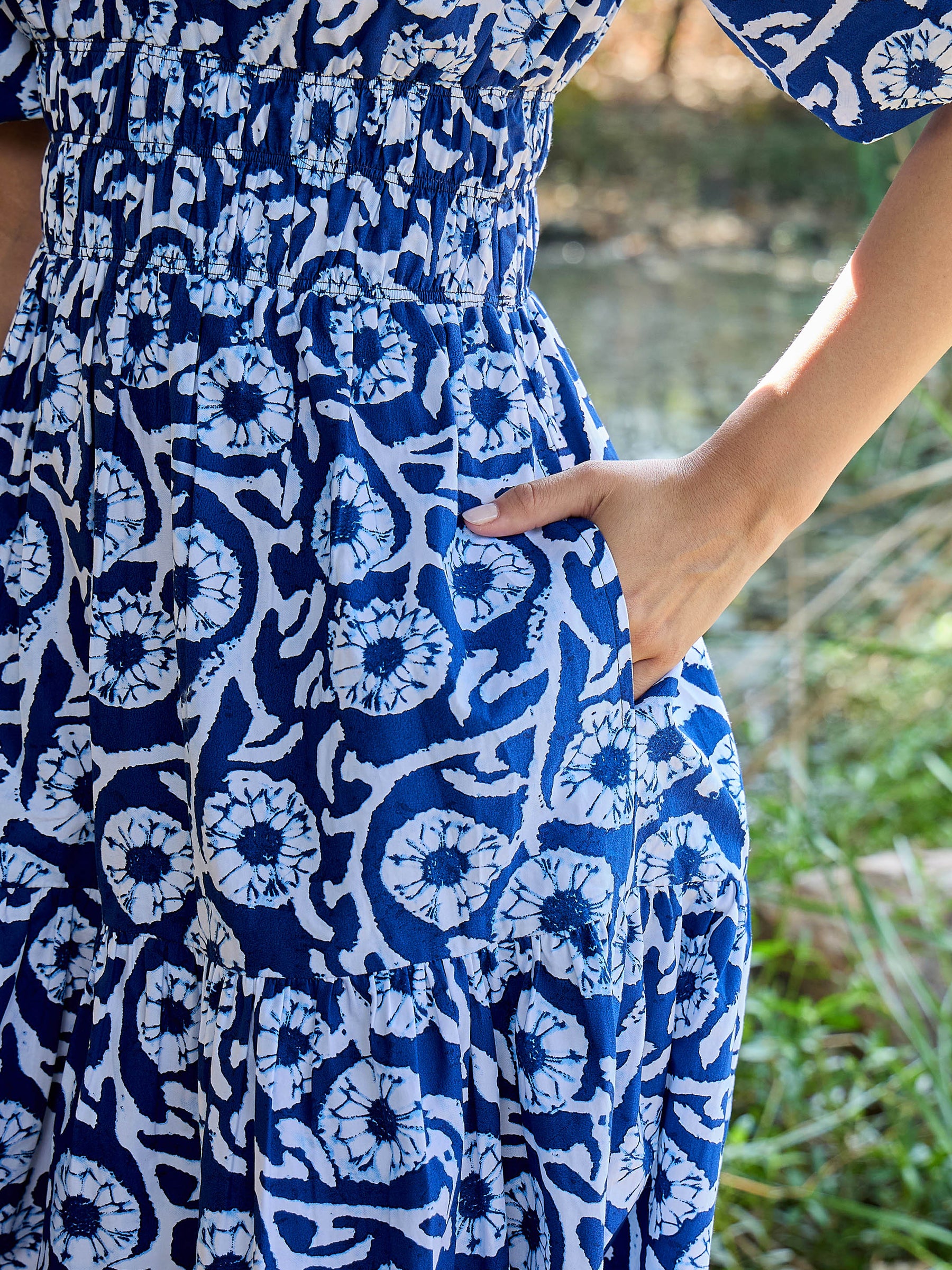 Blue & White V-Neck Puff Sleeves Midi Dress-Pink Paprika By SASSAFRAS