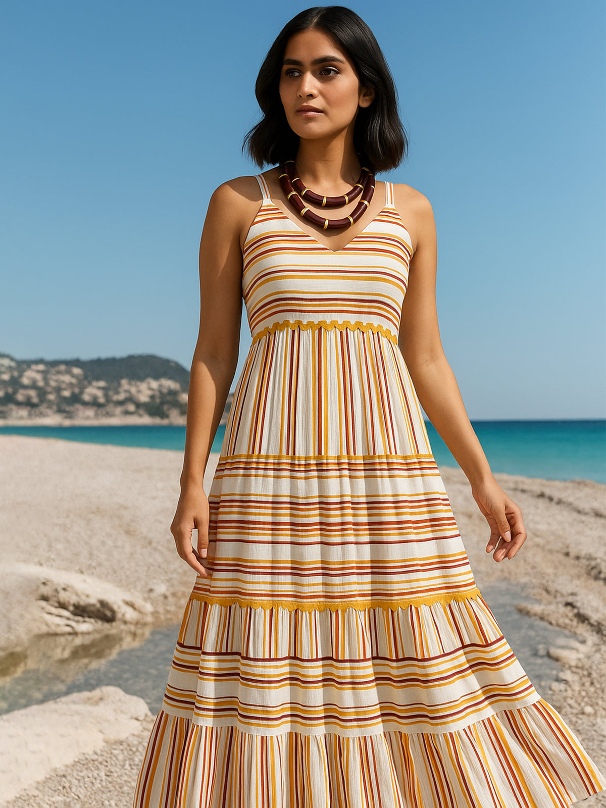 Women White & Yellow Stripes Strappy Maxi Dress