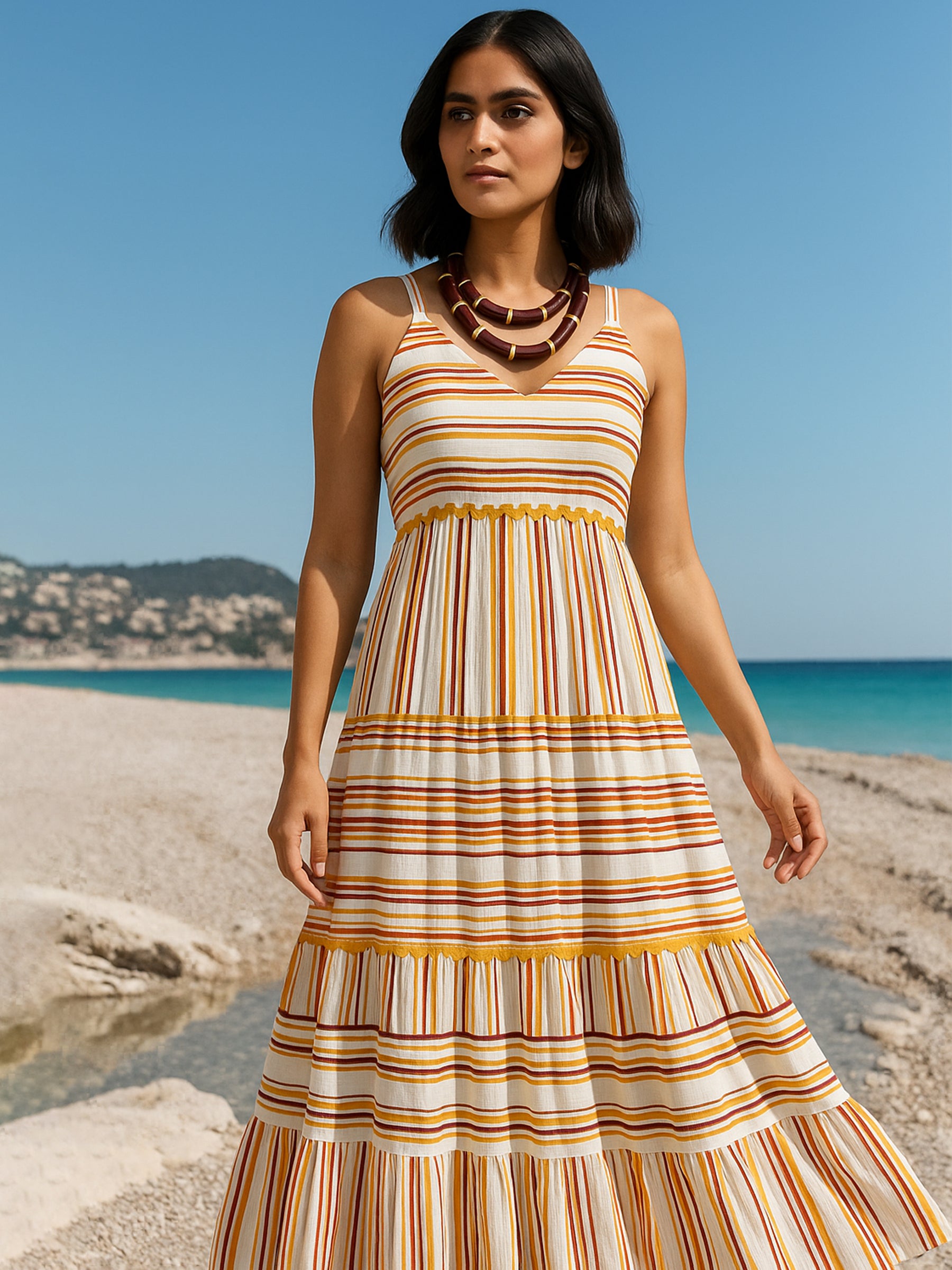 Women White & Yellow Stripes Strappy Maxi Dress