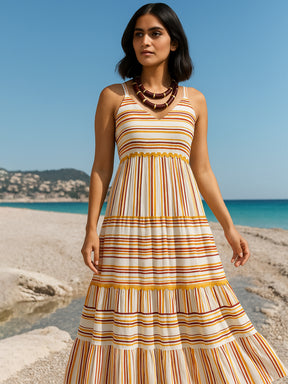 Women White & Yellow Stripes Strappy Maxi Dress