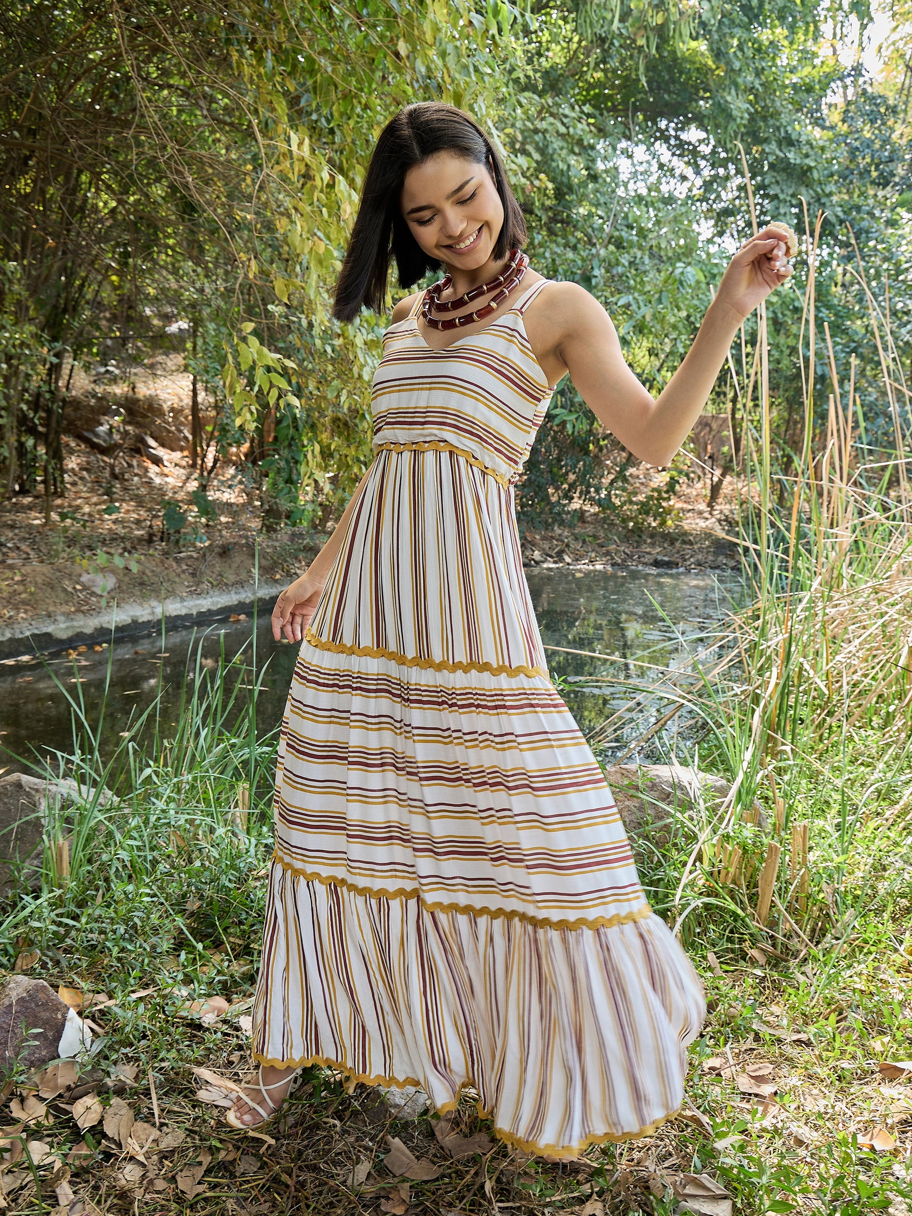 White & Yellow Stripes Strappy Maxi Dress-Pink Paprika By SASSAFRAS
