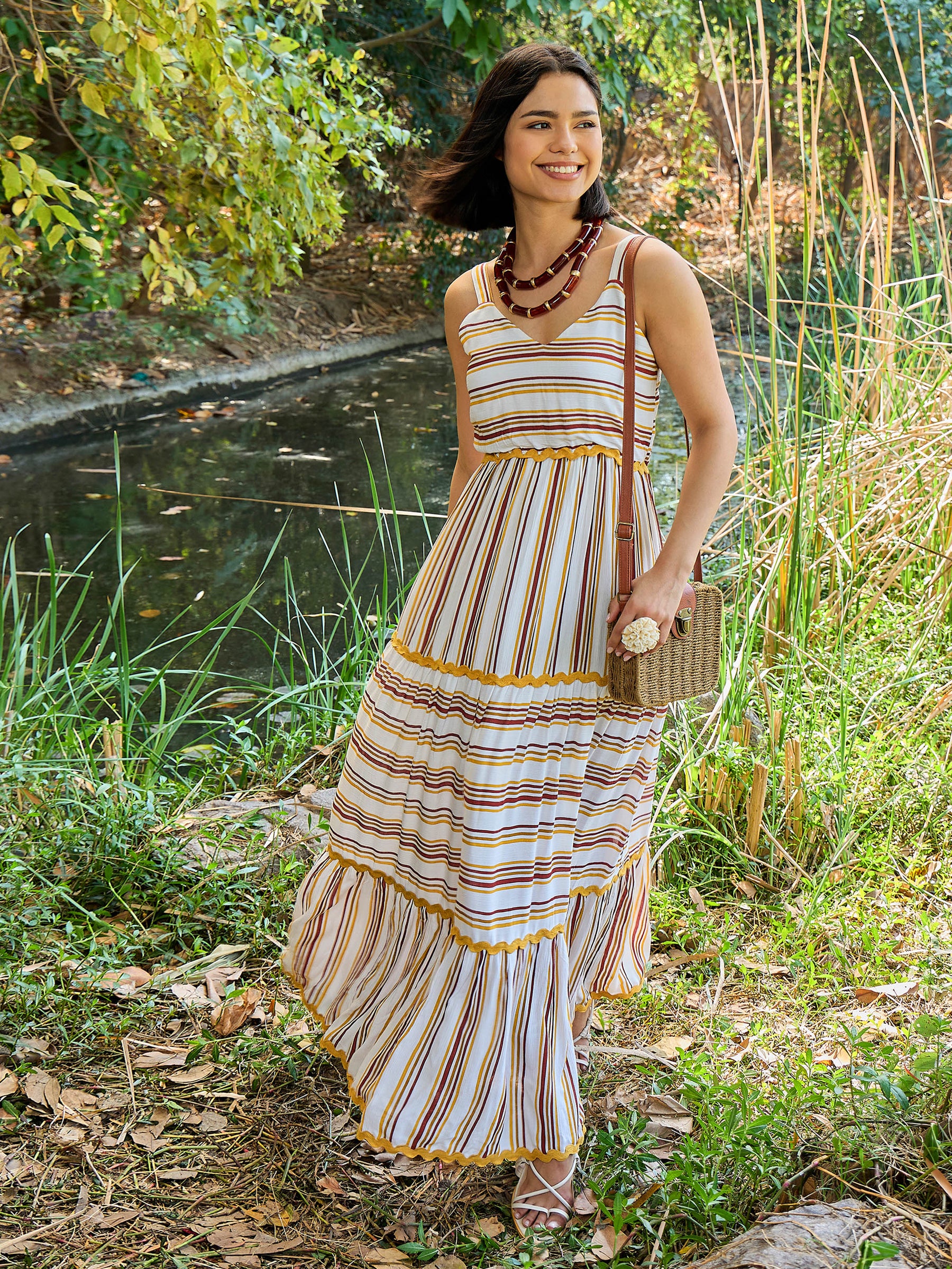 White & Yellow Stripes Strappy Maxi Dress-Pink Paprika By SASSAFRAS