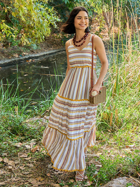 White & Yellow Stripes Strappy Maxi Dress-Pink Paprika By SASSAFRAS