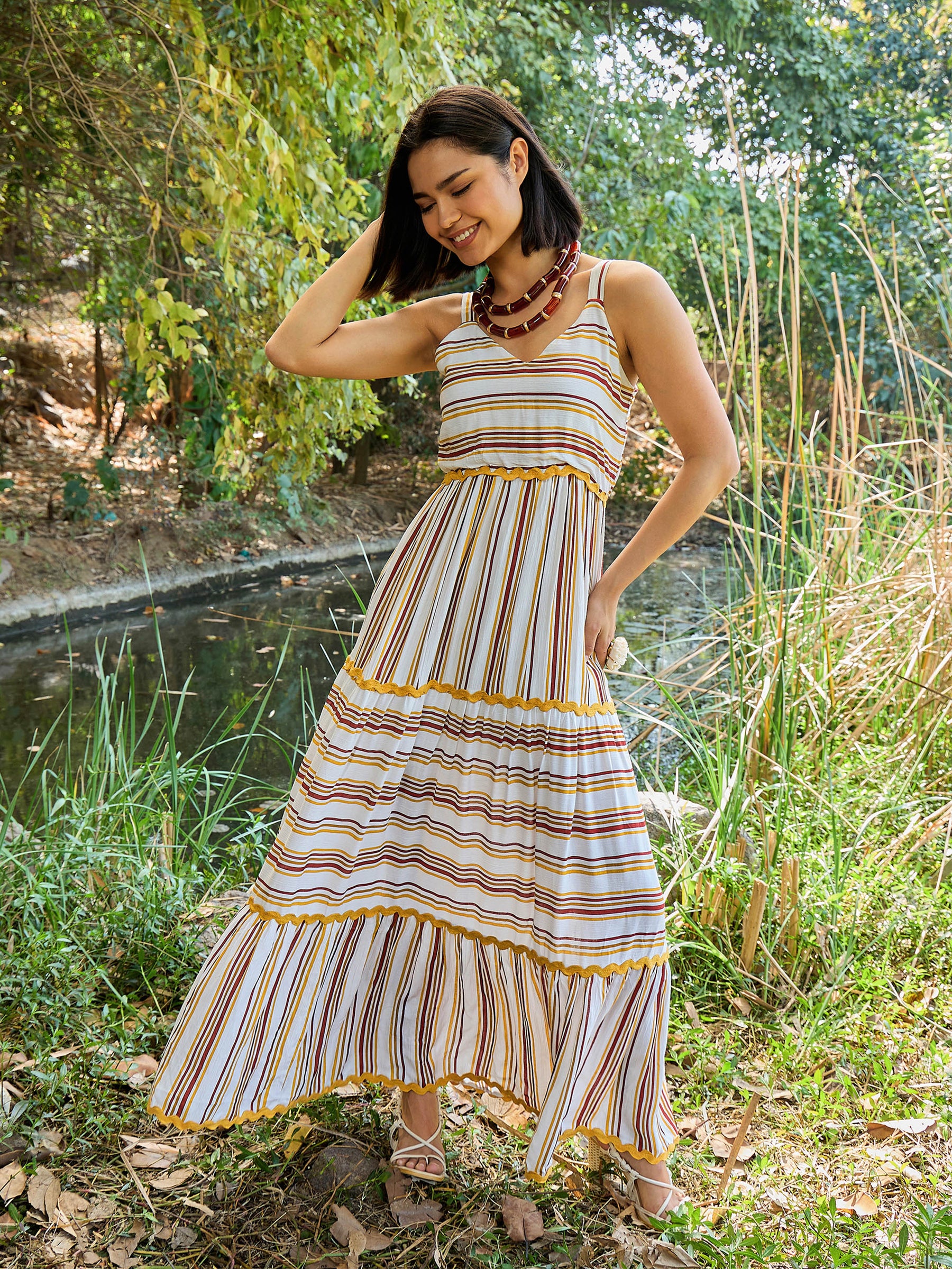 White & Yellow Stripes Strappy Maxi Dress-Pink Paprika By SASSAFRAS