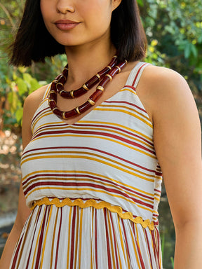 Women White & Yellow Stripes Strappy Maxi Dress